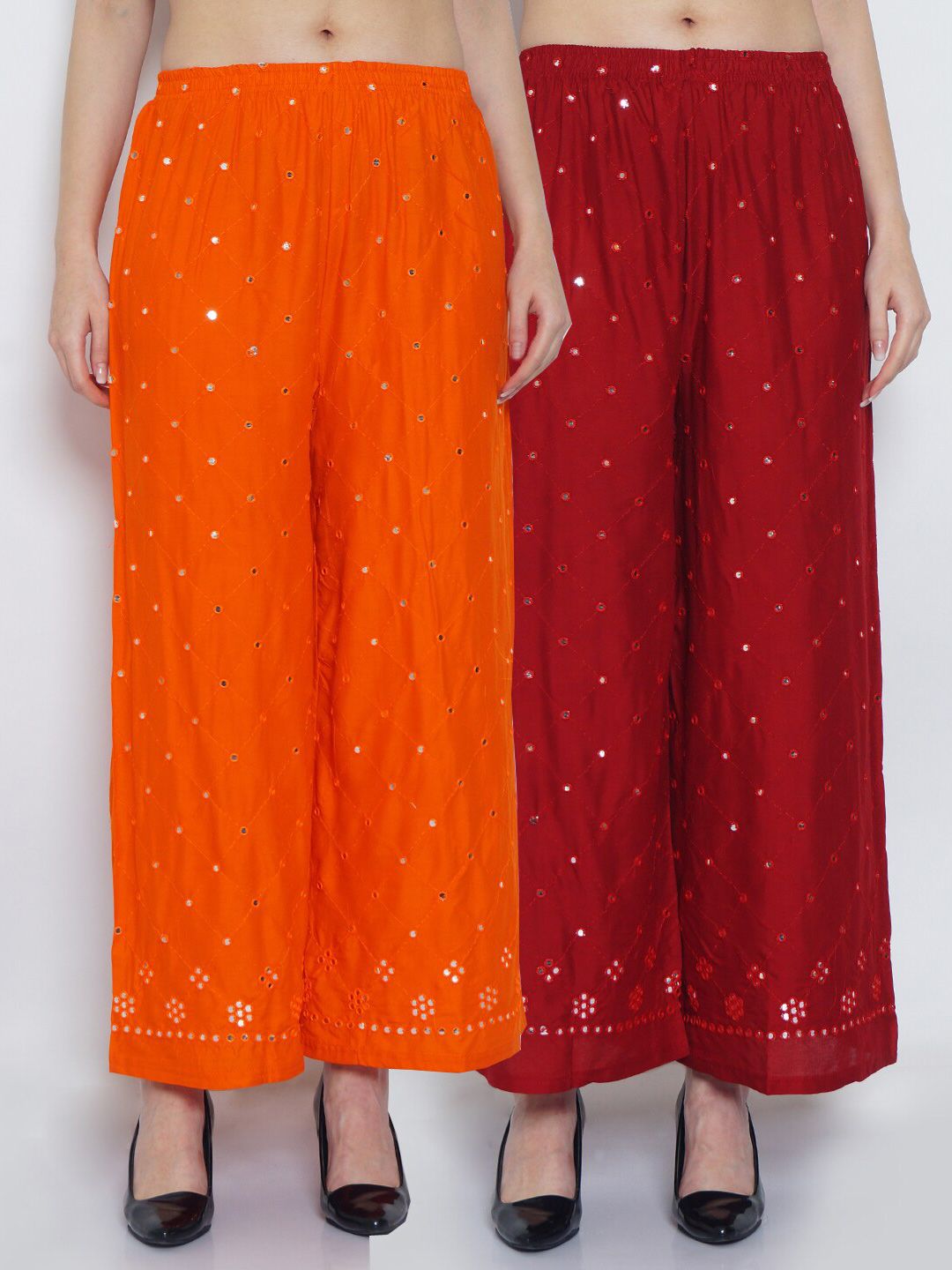 GRACIT Women Orange & Maroon 2 Embroidered Knitted Ethnic Palazzos Price in India