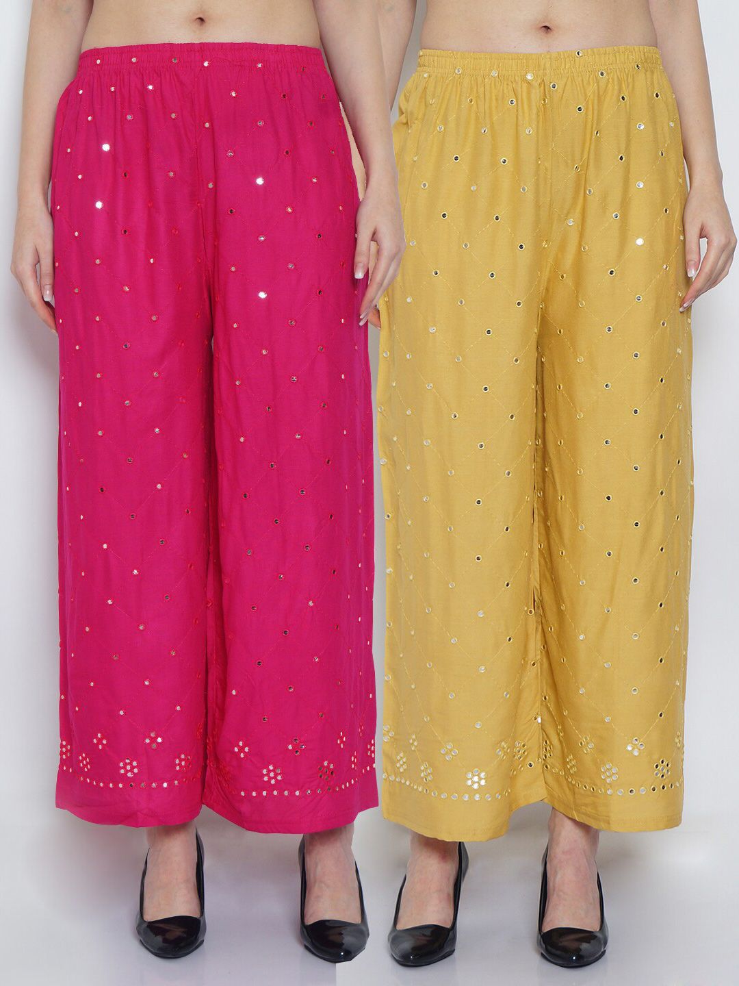 GRACIT Women Pink & Yellow Set Of 2 Embellished Flared Ethnic Palazzos Price in India