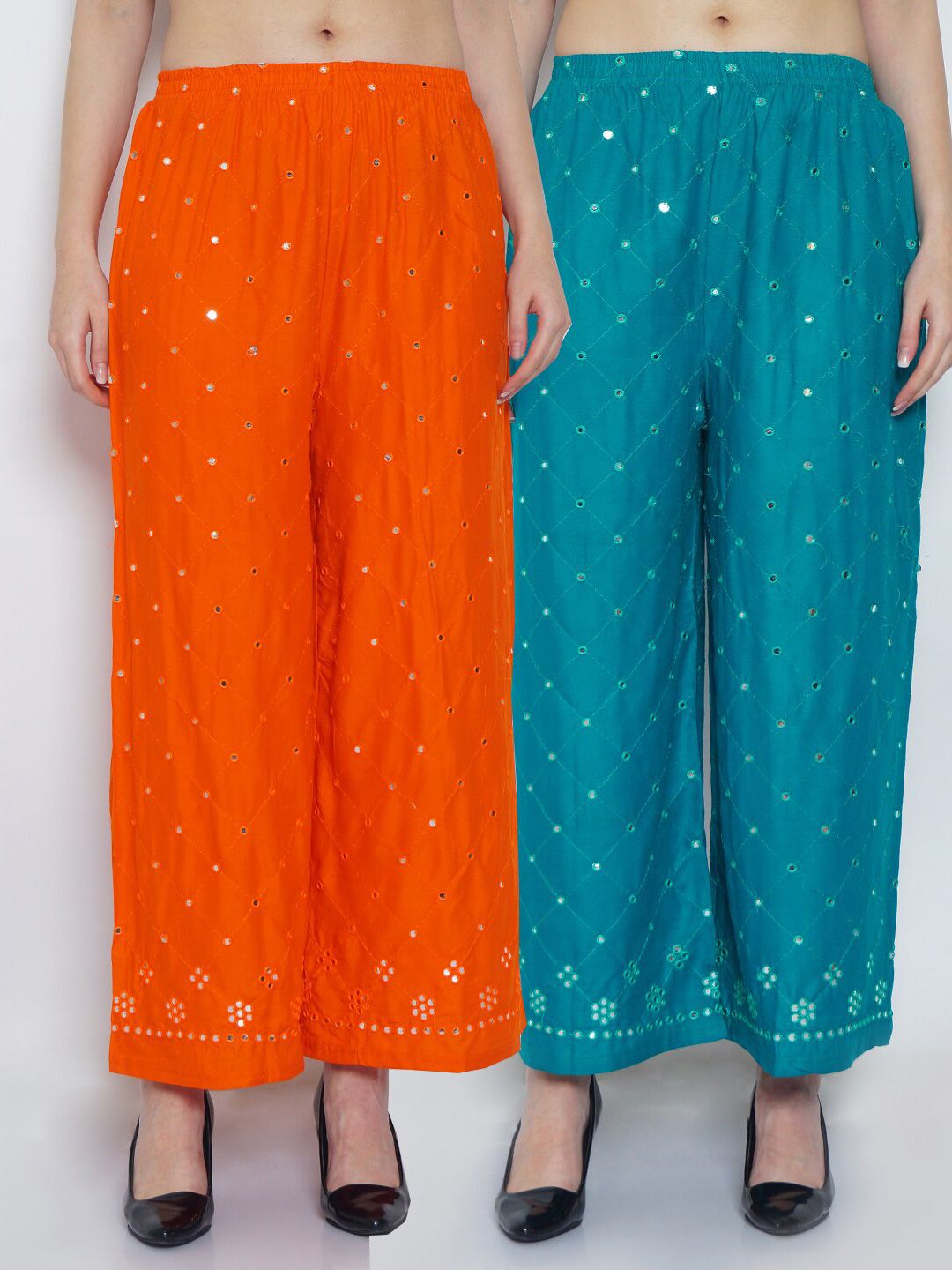 GRACIT Women Orange & Blue Set of 2 Embroidered Flared Knitted Ethnic Palazzos Price in India