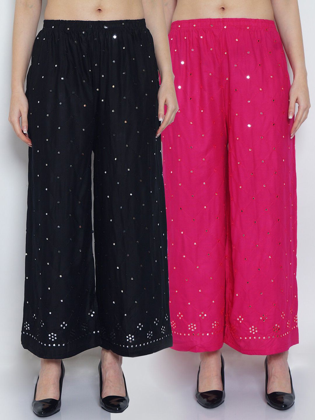 GRACIT Women Black & Pink Mirror Work Embroidered Ethnic Palazzos Set Of 2 Price in India