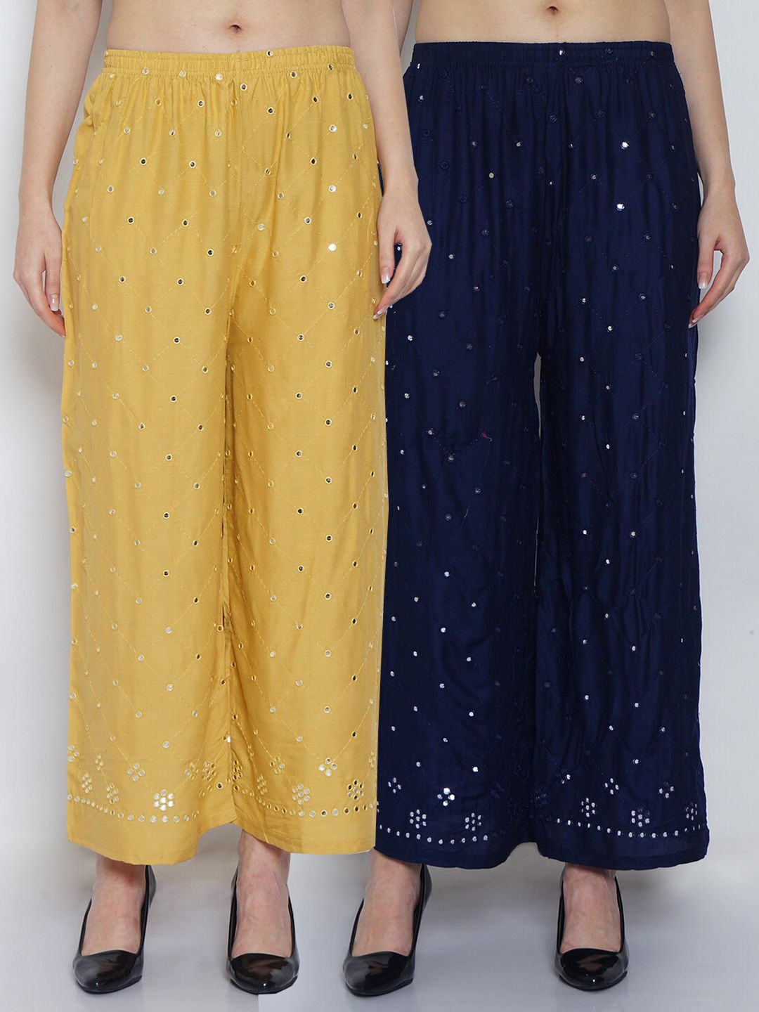 GRACIT Women Beige & Navy Blue  Set Of 2 Embellished Straight Fit Palazzo Price in India