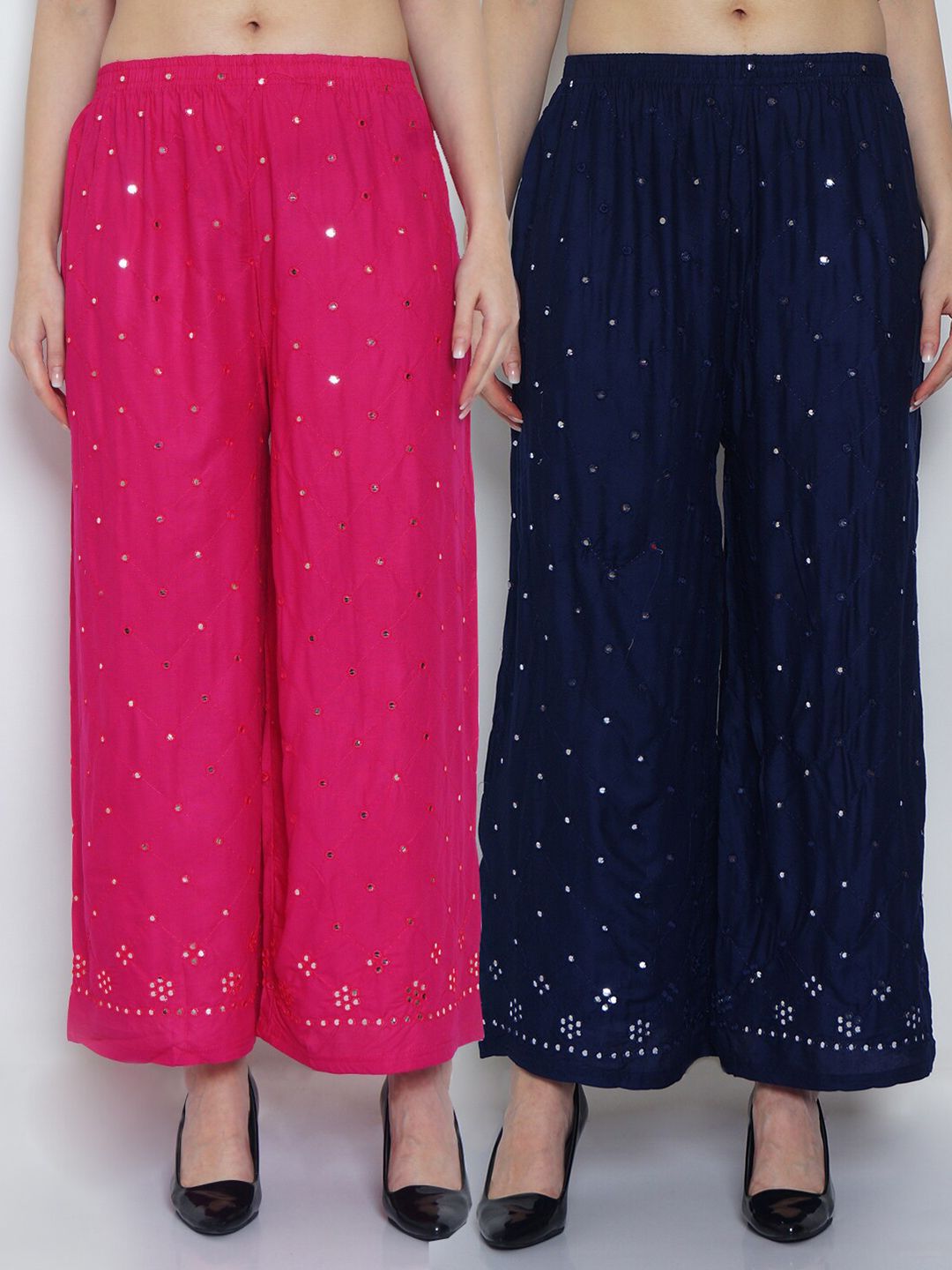 GRACIT Women Pink & Navy Blue Set of 2 Embroidered Flared Knitted Ethnic Palazzos Price in India