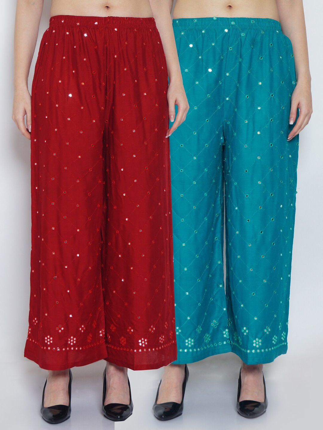 GRACIT Women Maroon & Turquoise Blue Set of 2 Embellished Ethnic Palazzos Price in India