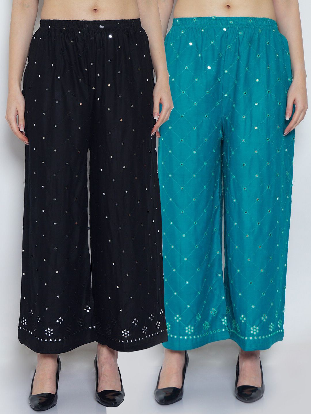 GRACIT Women Black & Turquoise Blue Set Of 2 Embellished Straight Fit Palazzo Price in India