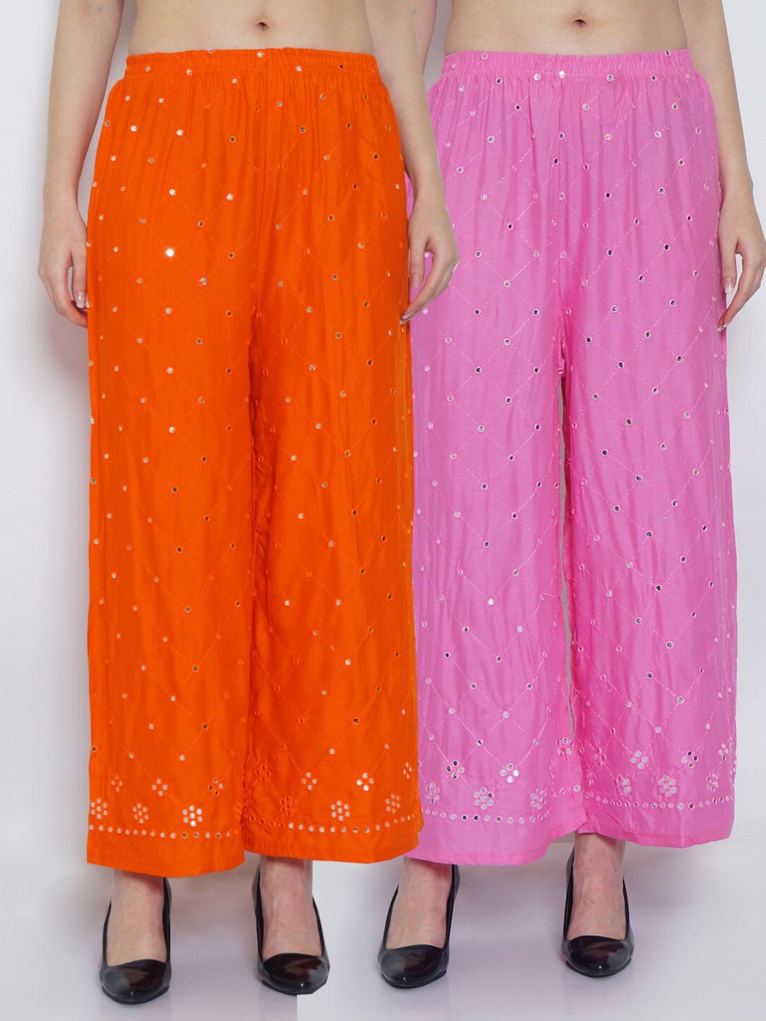 GRACIT Women Orange & Pink Set of 2 Embellished Knitted Ethnic Palazzos Price in India