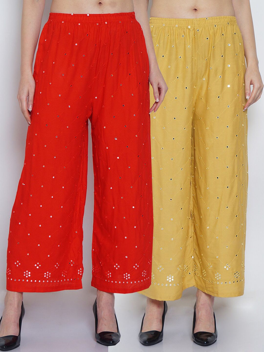 GRACIT Women Red & Yellow Mirror Work Embroidered Ethnic Palazzos Set Of 2 Price in India