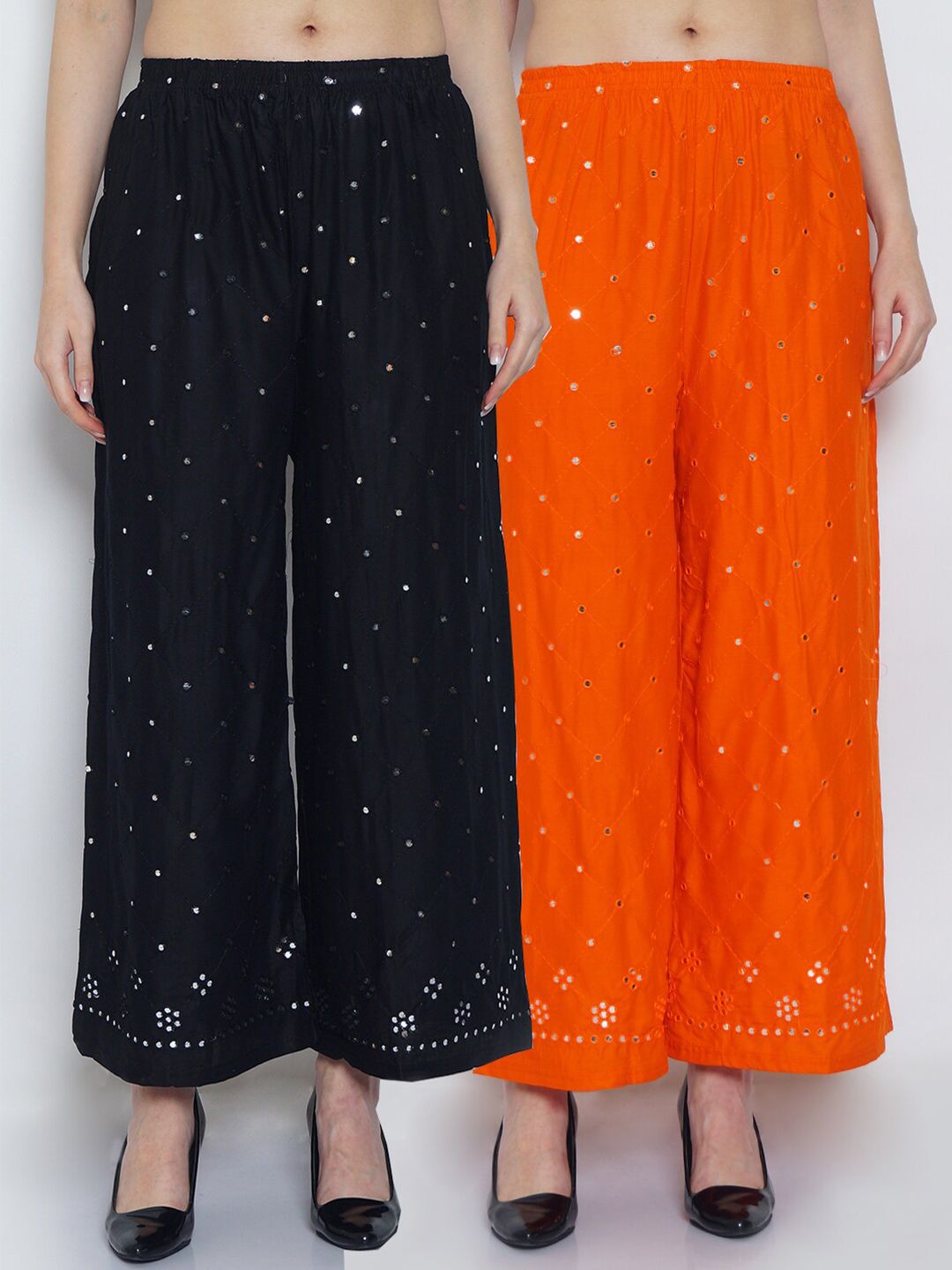 GRACIT Women Black & Orange Set of 2 Embellished Ethnic Palazzos Price in India