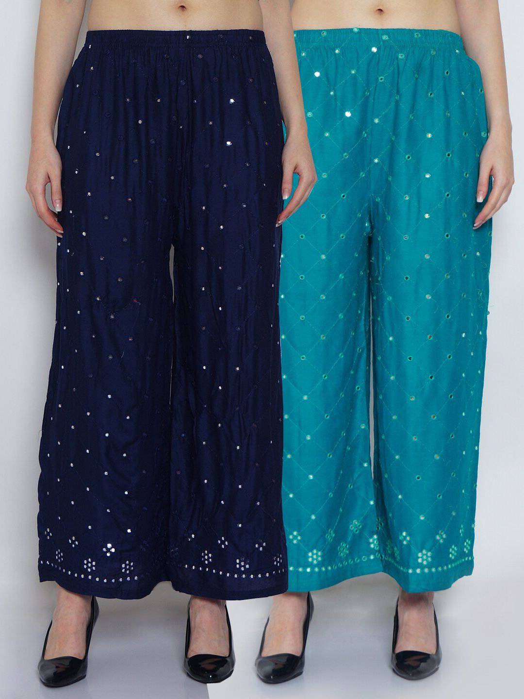 GRACIT Women Blue & Turquoise Blue Set of 2 Embellished Flared Knitted Ethnic Palazzos Price in India