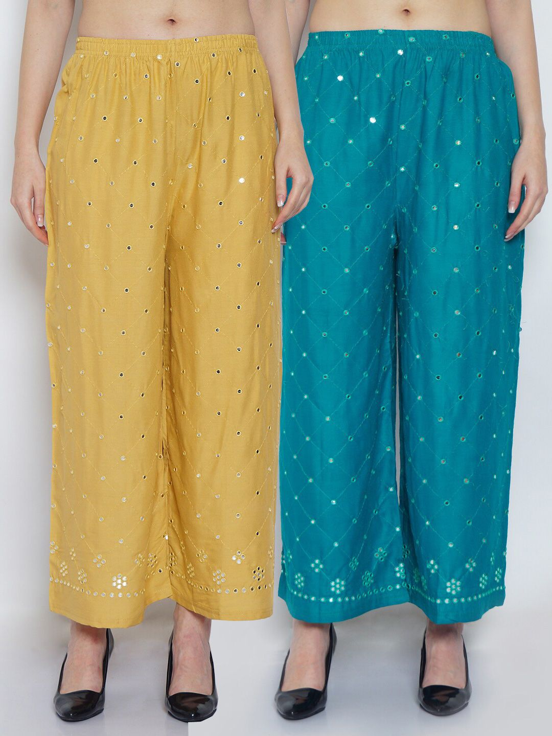 GRACIT Women Yellow & Blue Mirror Work Embroidered Ethnic Palazzos Set Of 2 Price in India