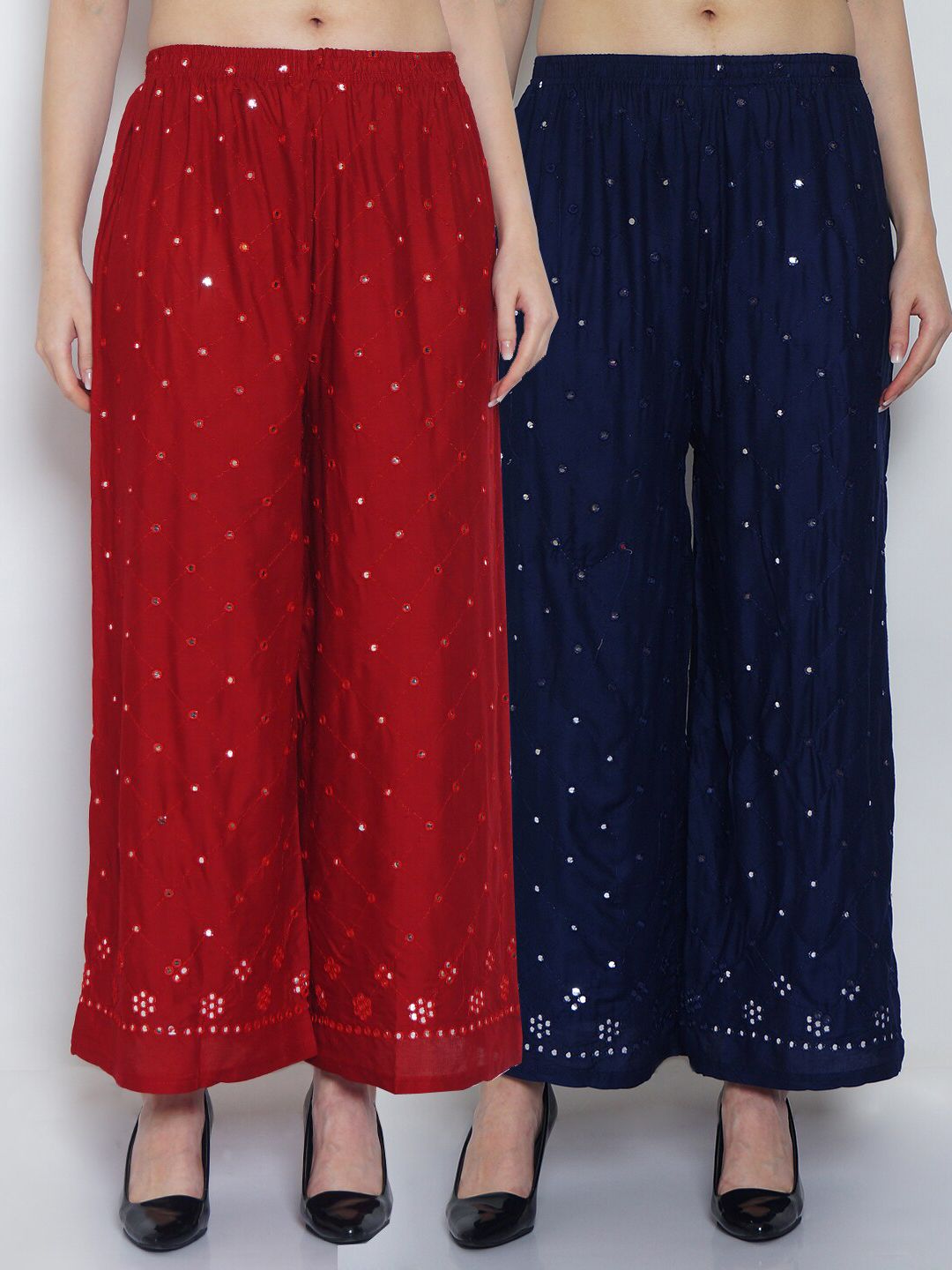 GRACIT Women Maroon & Navy Blue 2 Embroidered Knitted Ethnic Palazzos Price in India