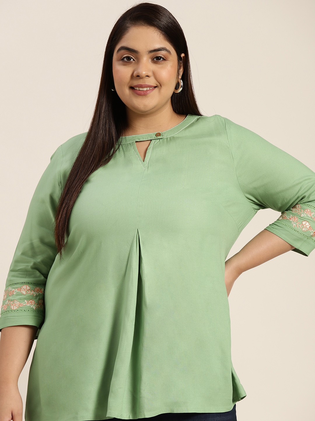 Sztori Plus Size Green Solid Keyhole Neck Pleated A-Line Kurti Price in India