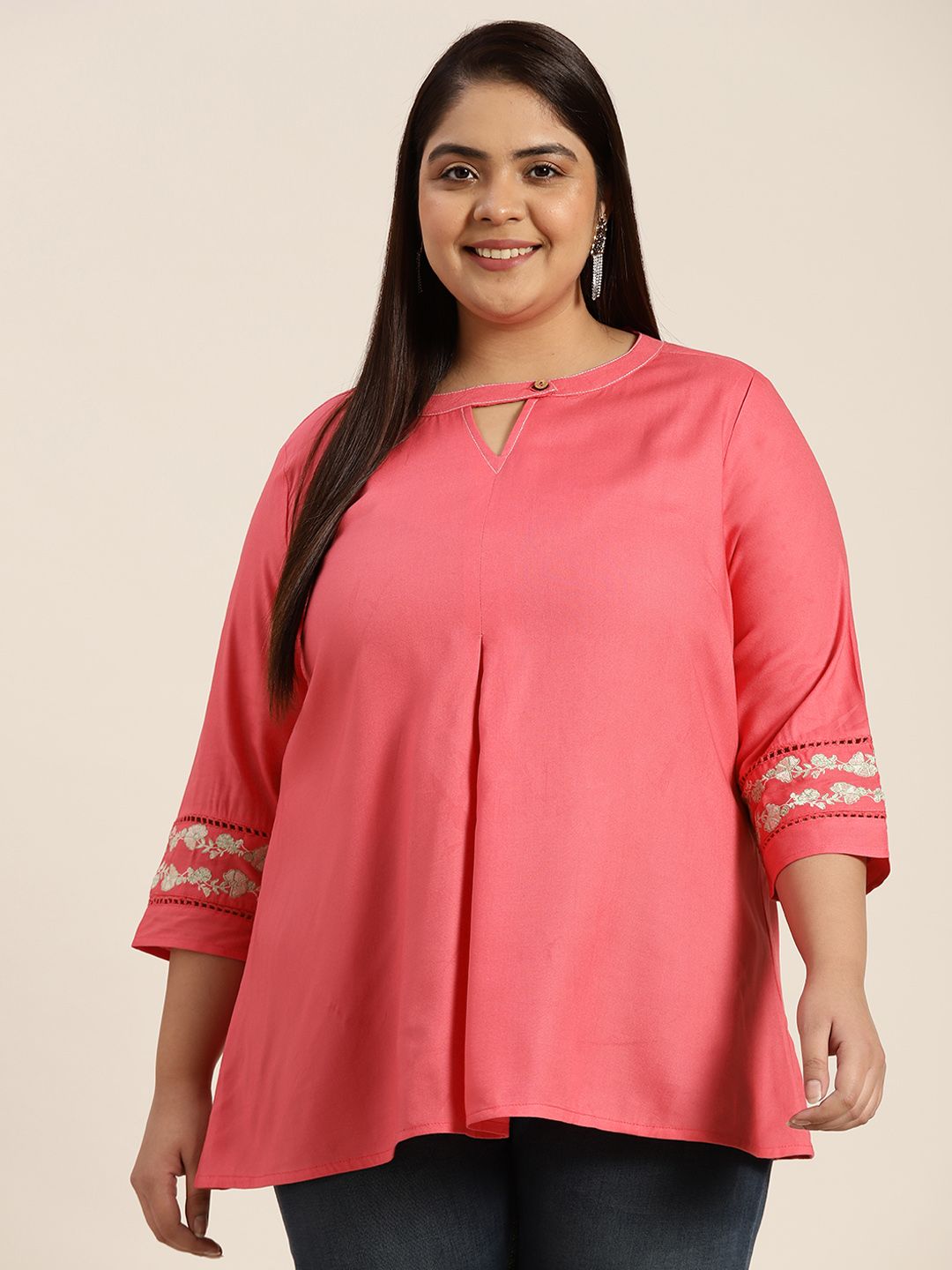 Sztori Plus Size Coral Pink Solid Keyhole Neck Pleated A-Line Kurti Price in India
