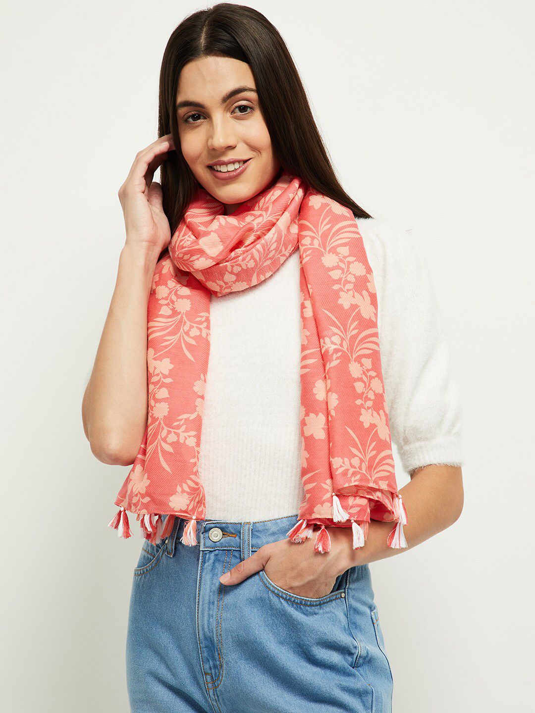 max Women Pink & Off White Floral Printed Scarf Price in India