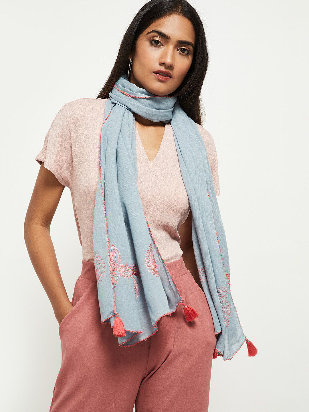 max Women Grey & Pink Embroidered Scarf Price in India