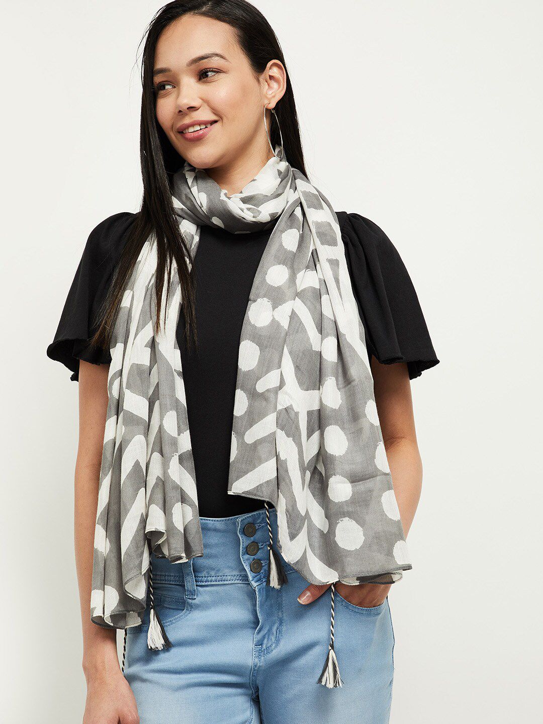 max Women Grey & White Printed Tasselled Scarf Price in India