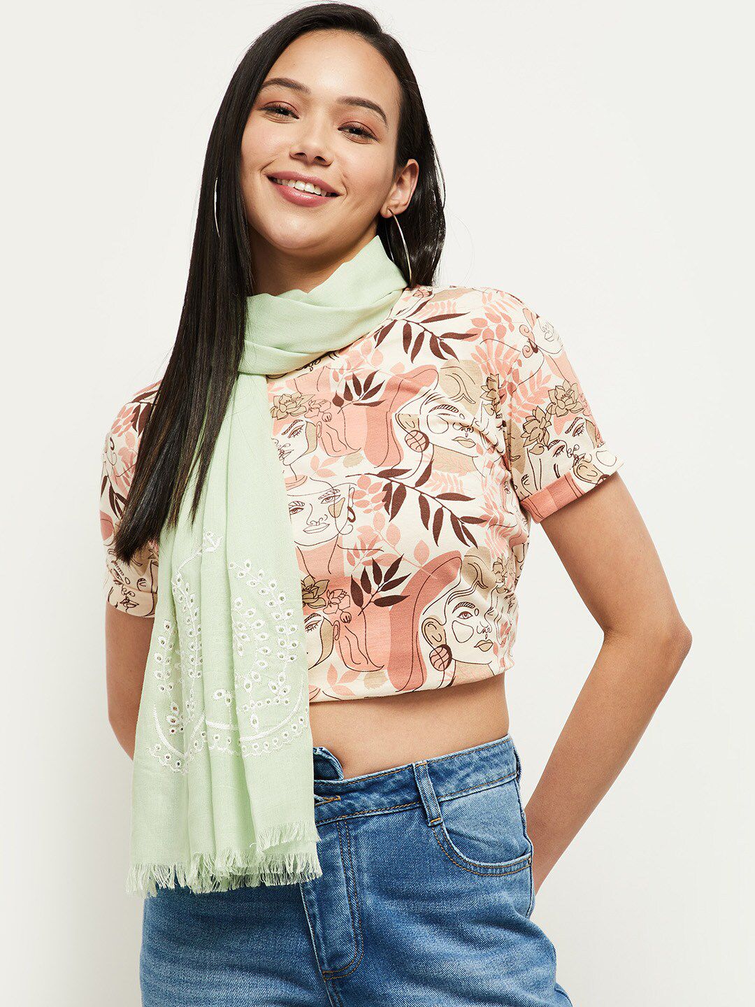 max Women Green Embroidered Scarf Price in India