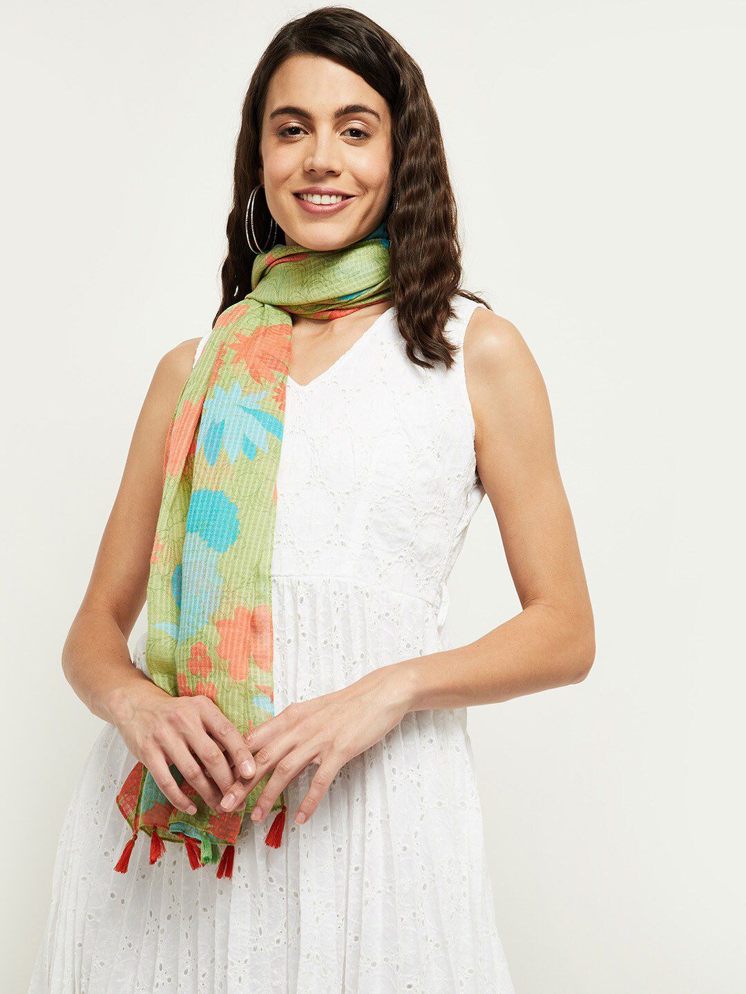 max Women Green & Pink Printed Scarf Price in India