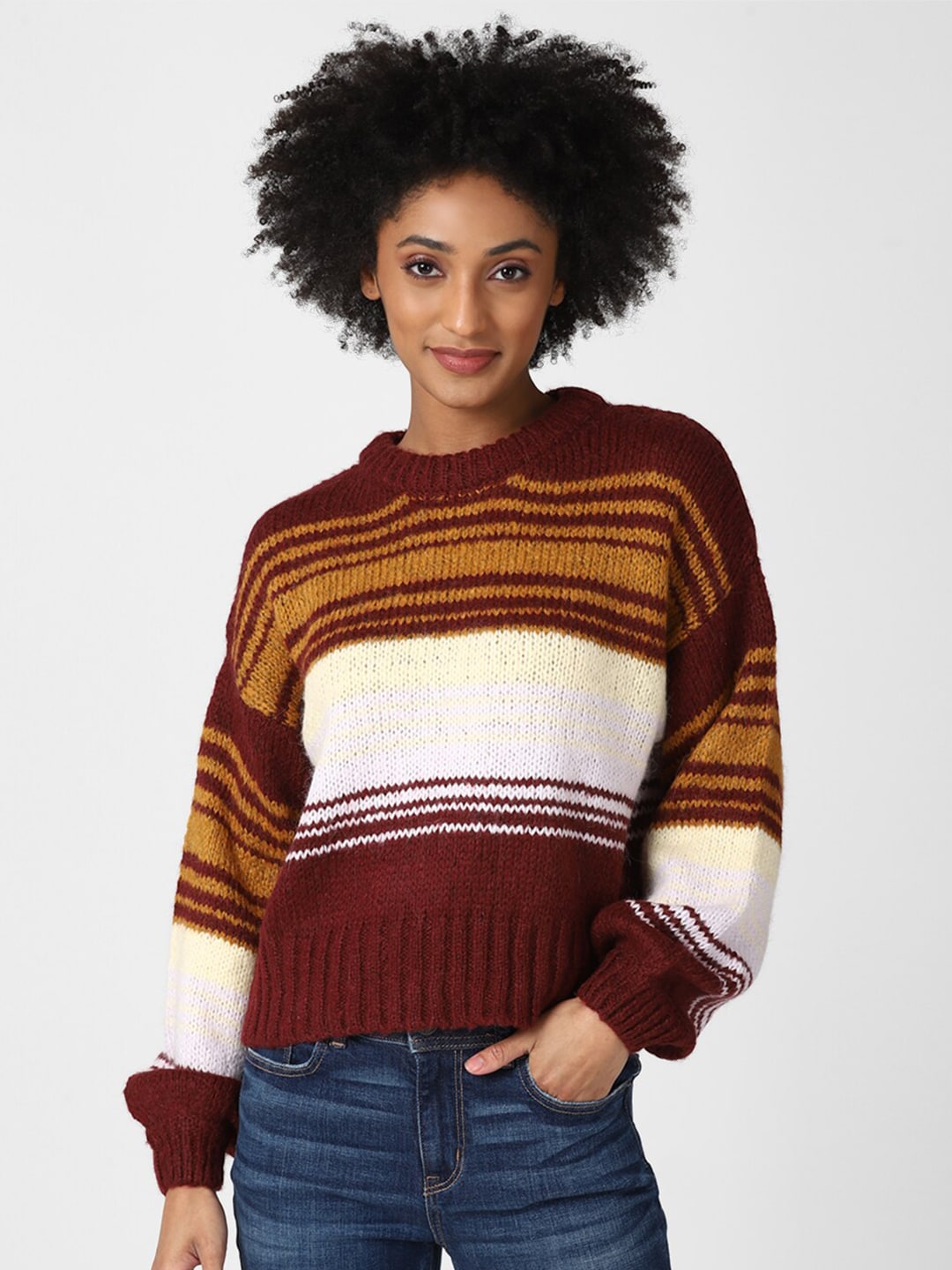 FOREVER 21 Women Maroon & White Striped Pullover Sweater Price in India