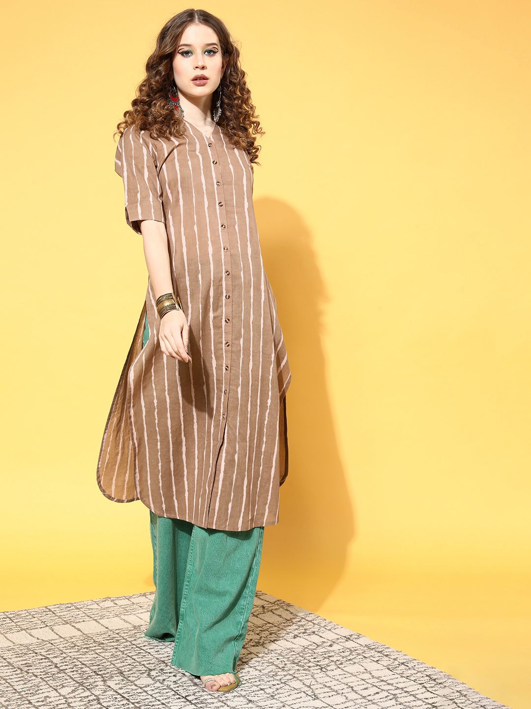 HERE&NOW Chic Brown Cotton All in the Details Kurta Price in India