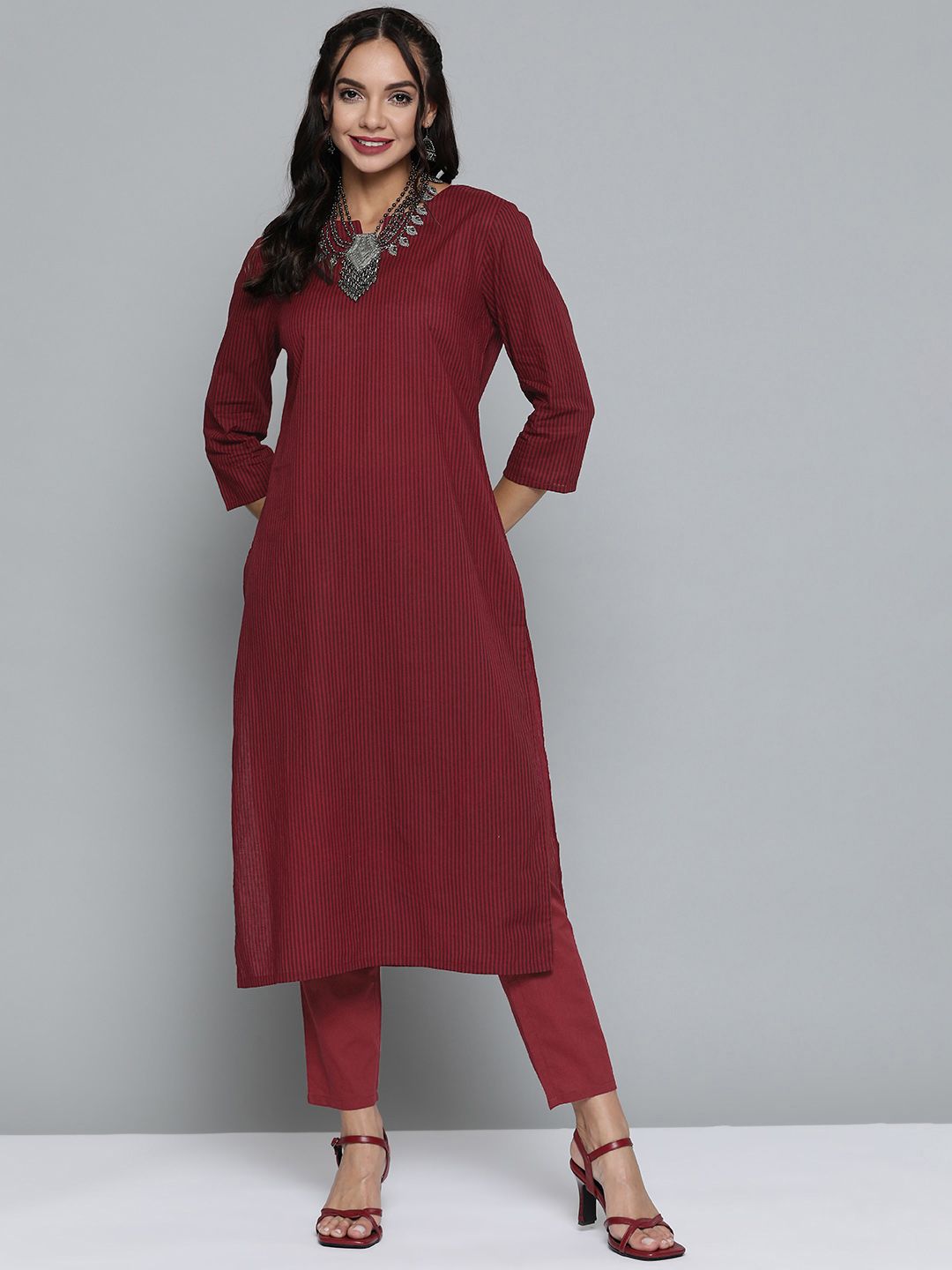 HERE&NOW Women Maroon Pure Cotton Striped Kurta with Solid Trousers