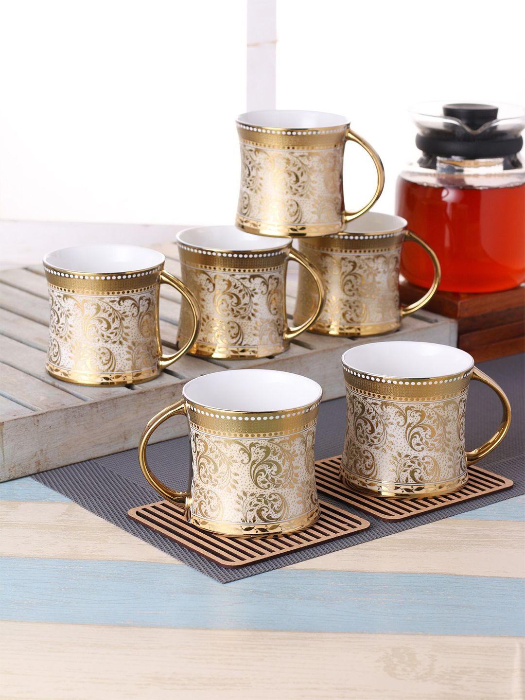 CLAY CRAFT Gold-Toned & White Ethnic Motifs Printed Ceramic Glossy Cups Set of Cups and Mugs Price in India