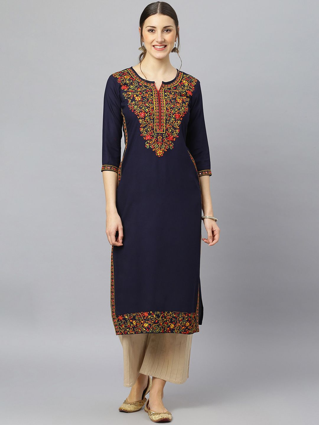 FASHION DEPTH Women Green Ethnic Motifs Yoke Design Keyhole Neck Thread Work Kurta Price in India