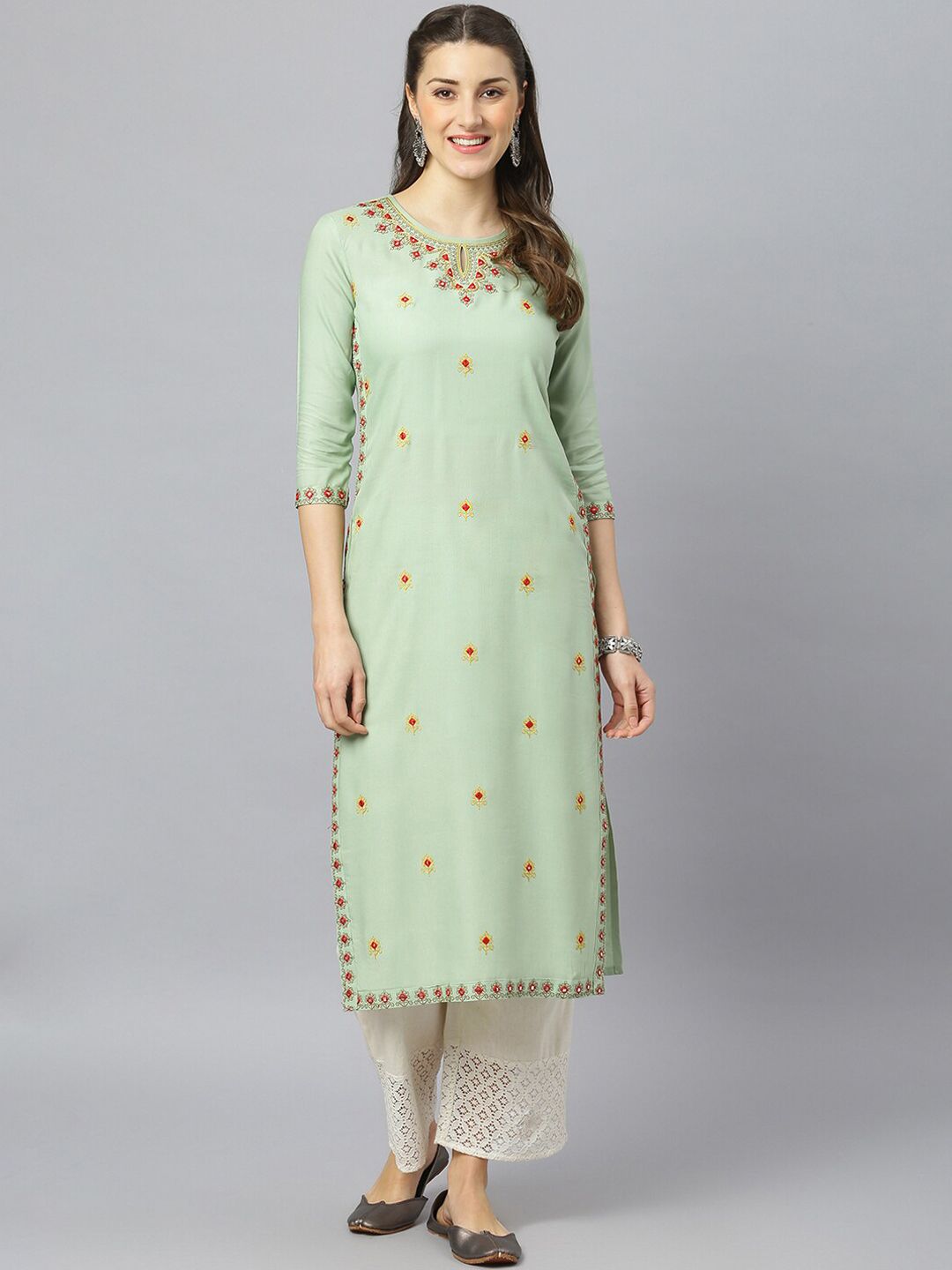 FASHION DEPTH Women Sea Green Floral Embroidered Regular Sleeves Thread Work Kurta Price in India