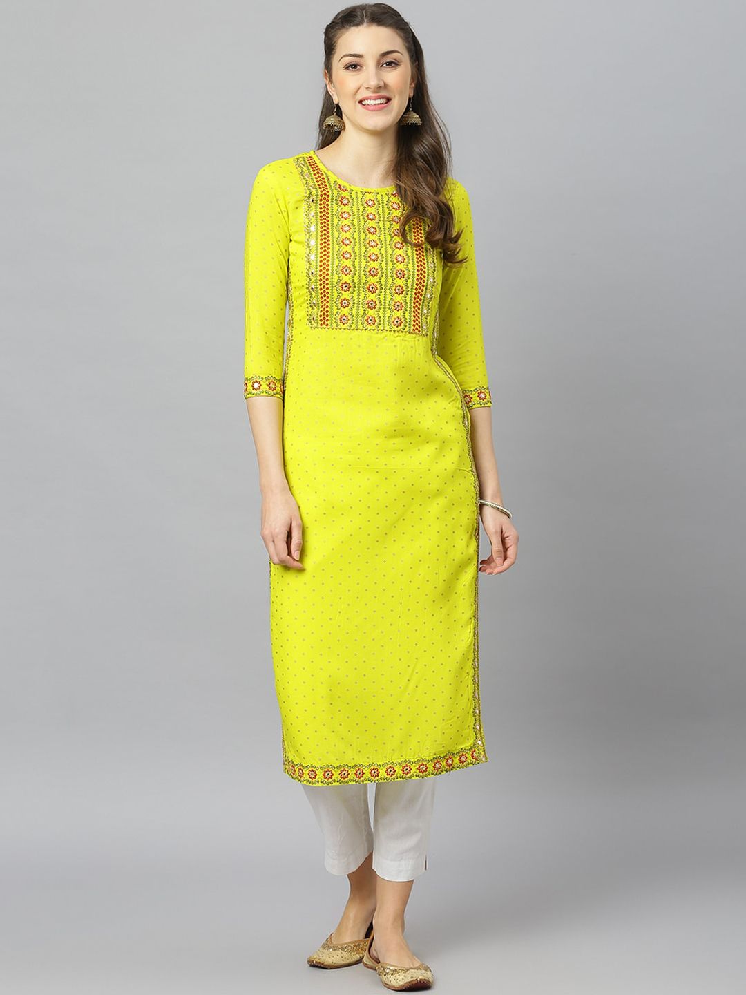 FASHION DEPTH Women Green Yoke Design Yoke Design Thread Work Kurta Price in India