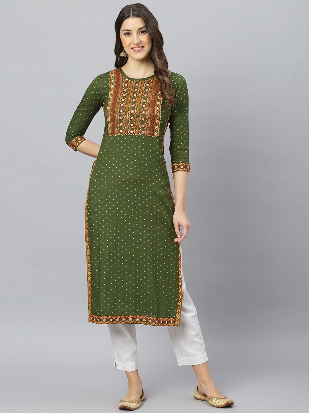 FASHION DEPTH Women Green Ethnic Motifs Yoke Design Mirror Work Kurta Price in India