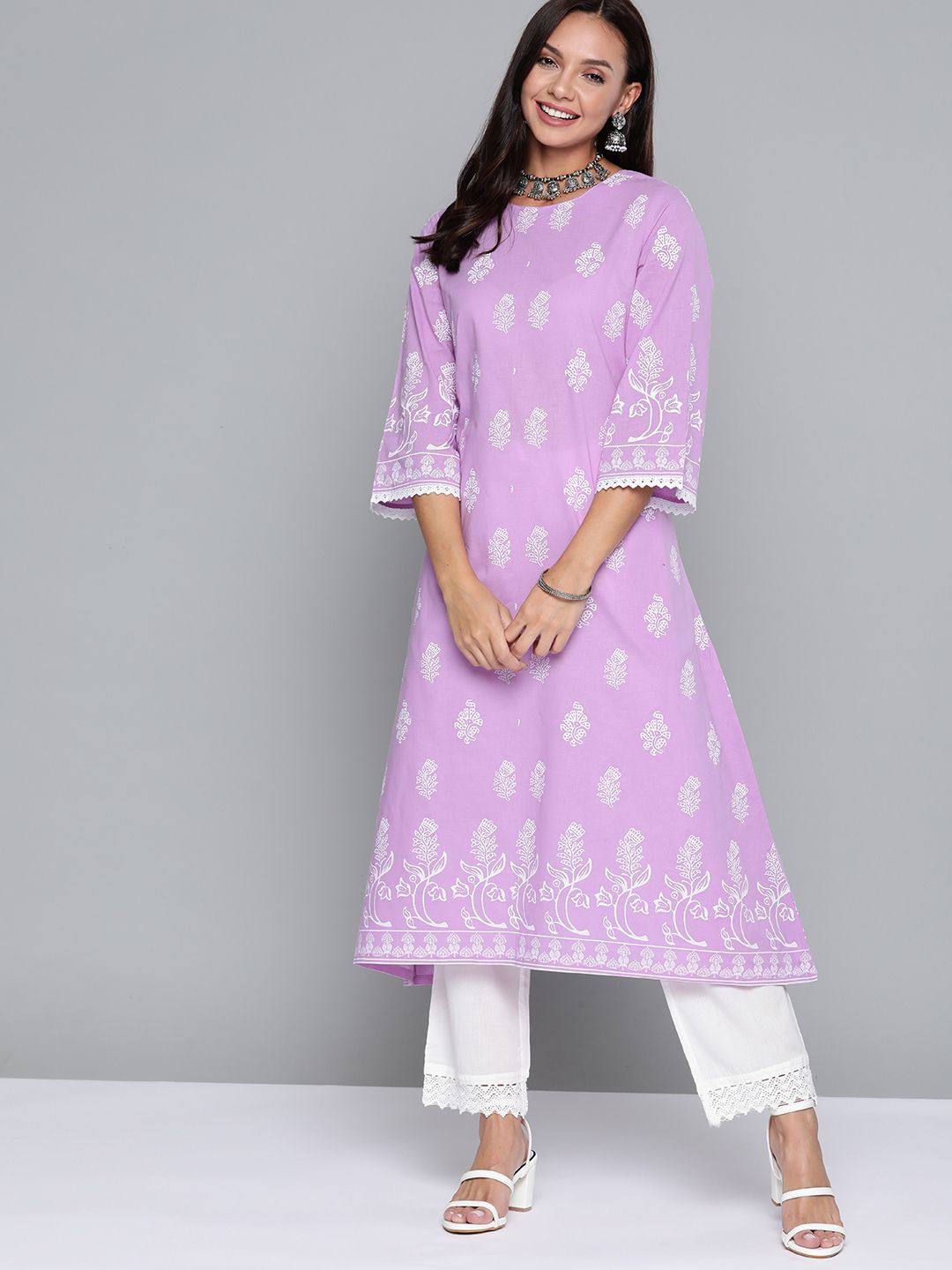 HERE&NOW Women Lavender & White Ethnic Motifs Printed Pure Cotton Kurta Price in India