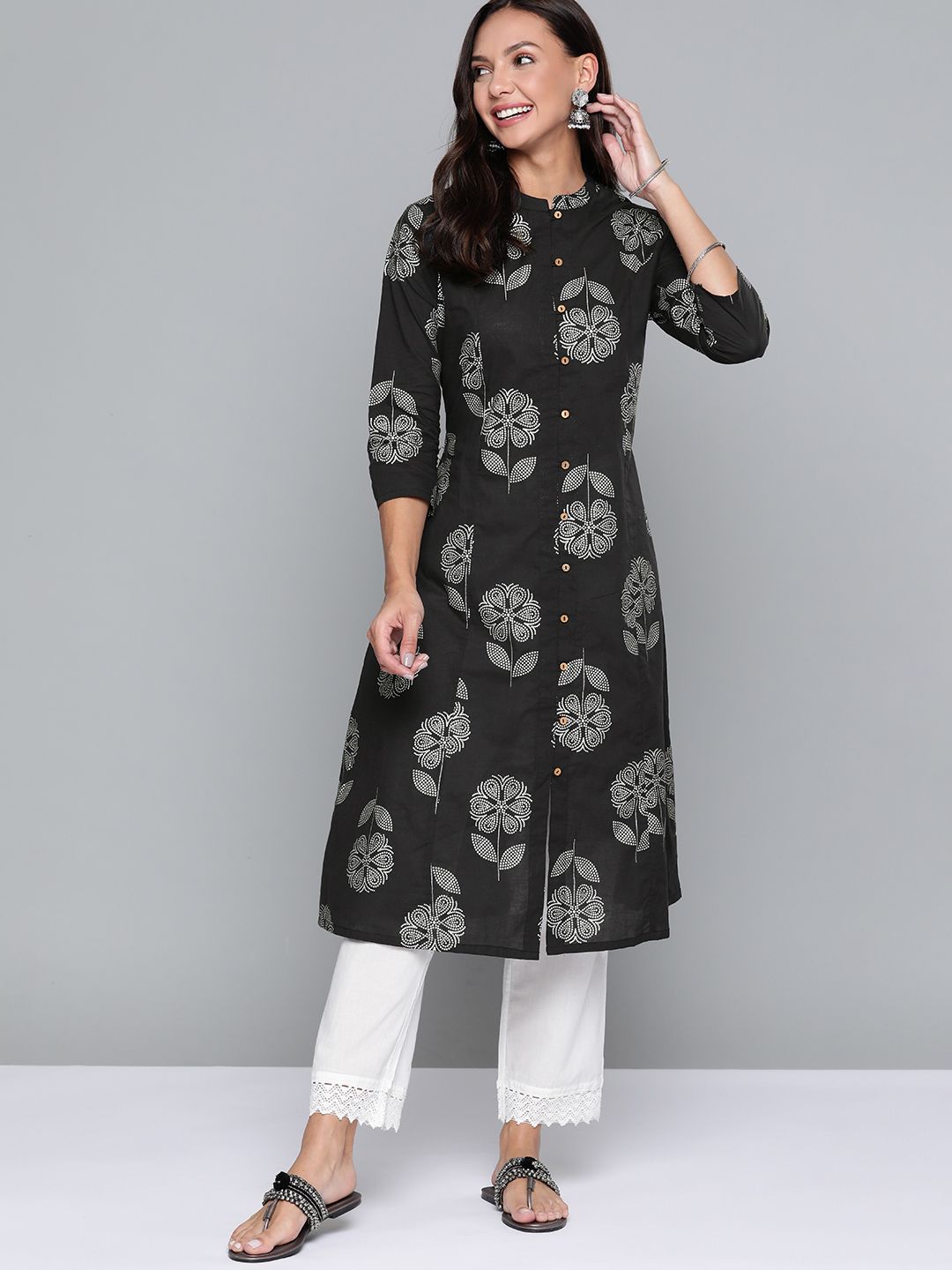 HERE&NOW Women Black & Silver Ethnic Motifs Printed Pure Cotton Kurta Price in India
