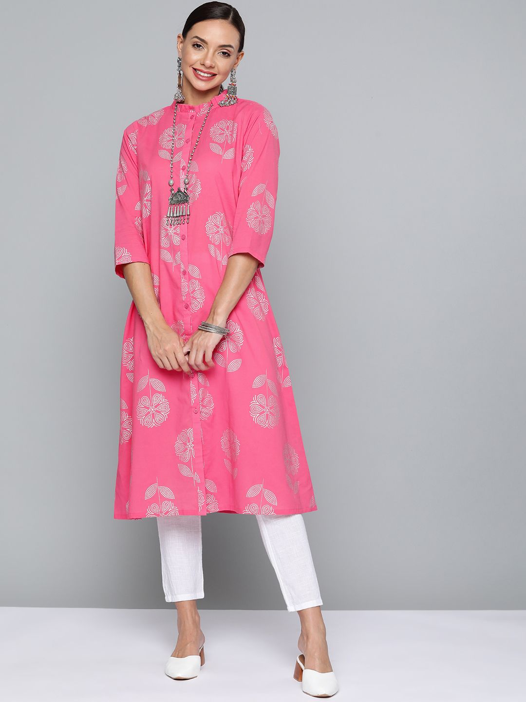 HERE&NOW Women Pink & Silver Pure Cotton Ethnic Motifs Printed Kurta Price in India