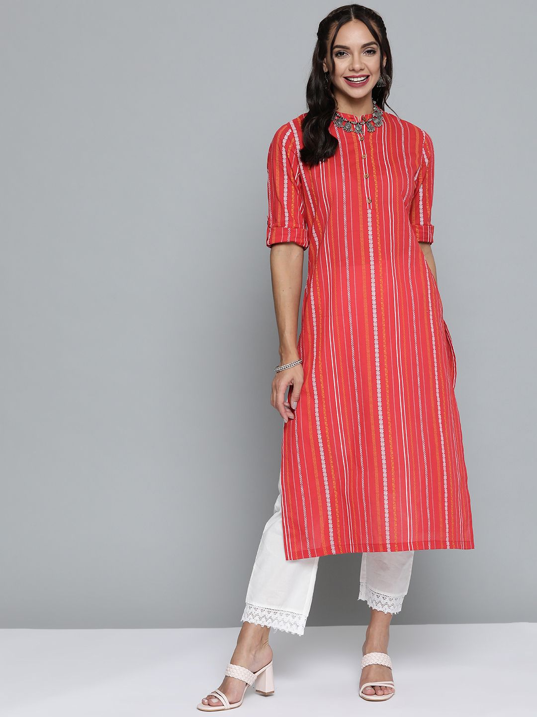 HERE&NOW Women Coral Red & White Pure Cotton Striped Straight Kurta Price in India