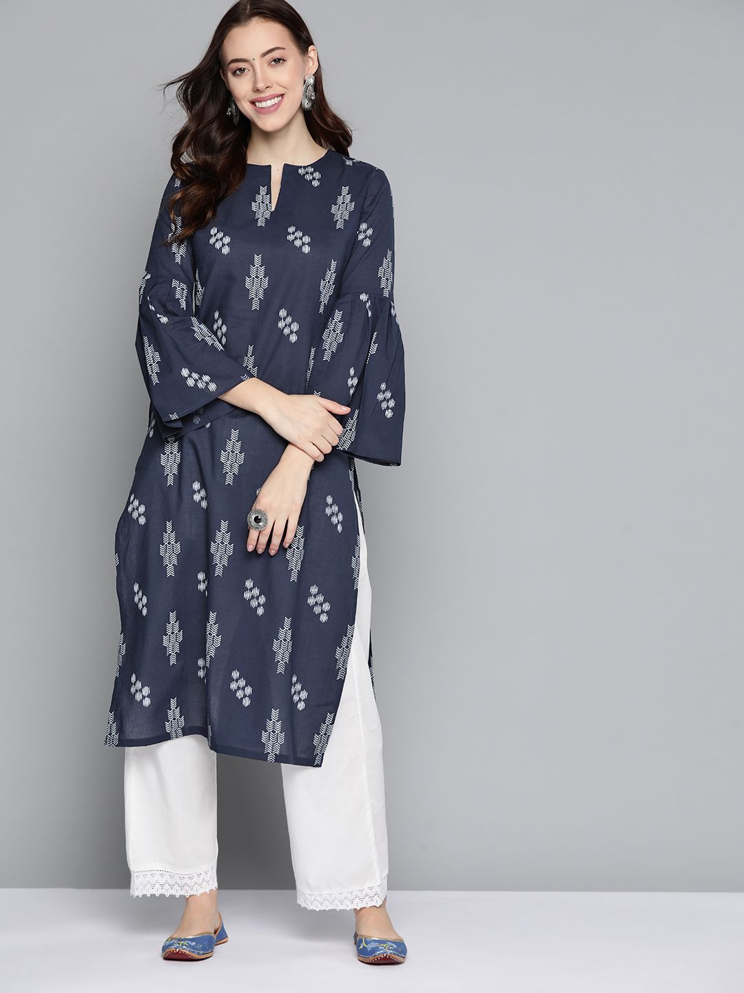 HERE&NOW Women Navy Blue & Off White Ethnic Printed Bell Sleeves Cotton Kurta Price in India