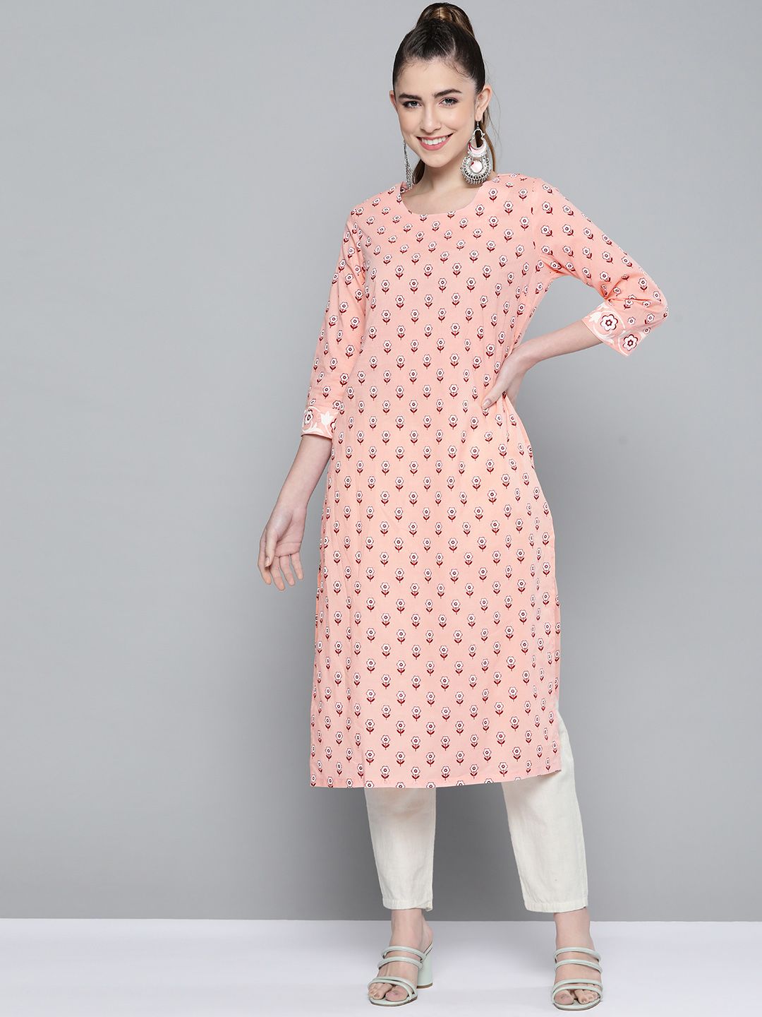 HERE&NOW Women Peach-Coloured & Maroon Pure Cotton Floral Printed Floral Kurta Price in India