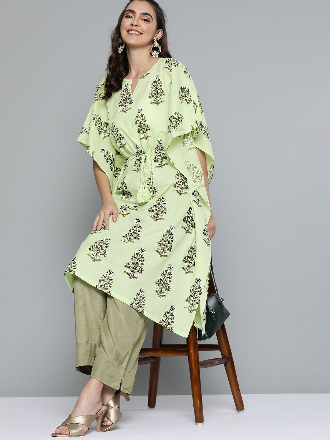 HERE&NOW Women Green Floral Printed Flared Sleeves Cotton Kaftan Kurta Price in India