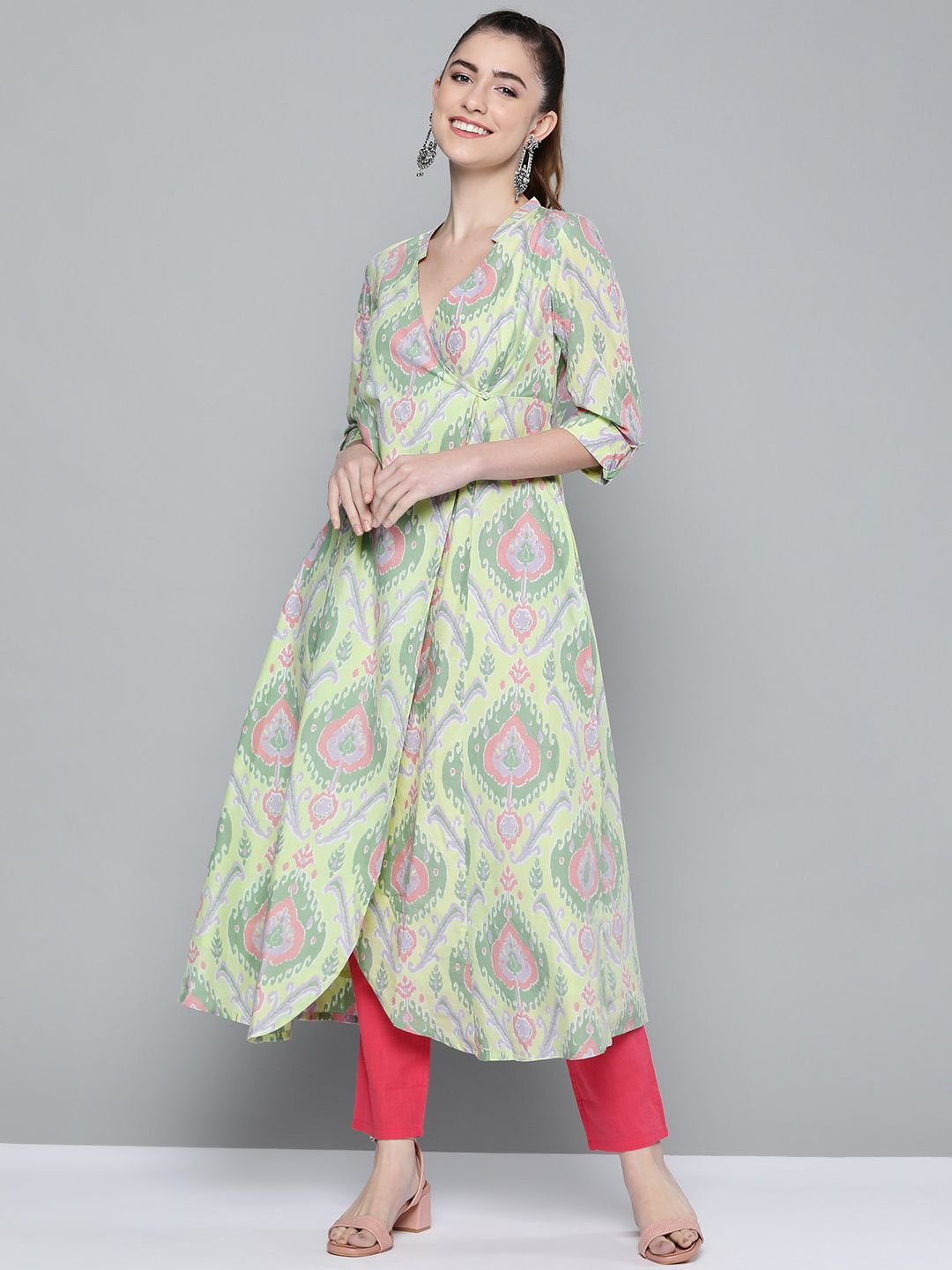 HERE&NOW Women Green & Yellow Pure Cotton Floral Printed Kurta Price in India