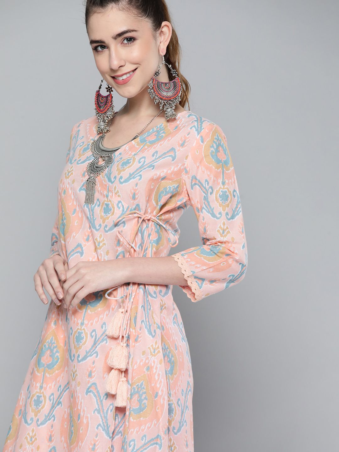 HERE&NOW Women Peach-Coloured & Blue Ethnic Motifs Printed Pure Cotton Kurta Price in India