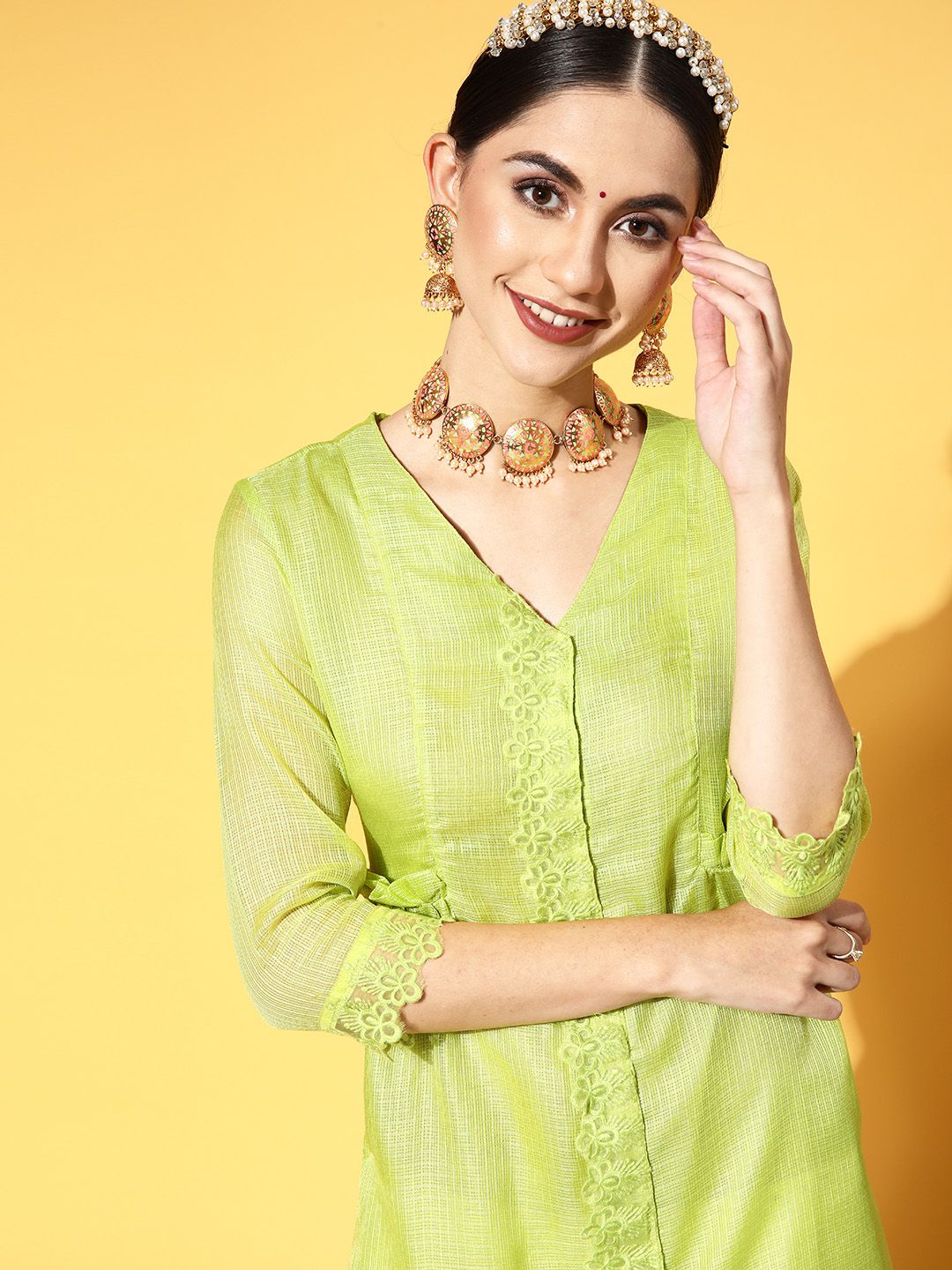 HERE&NOW Women Lime Green Cotton Summer Sheer Kurta Price in India
