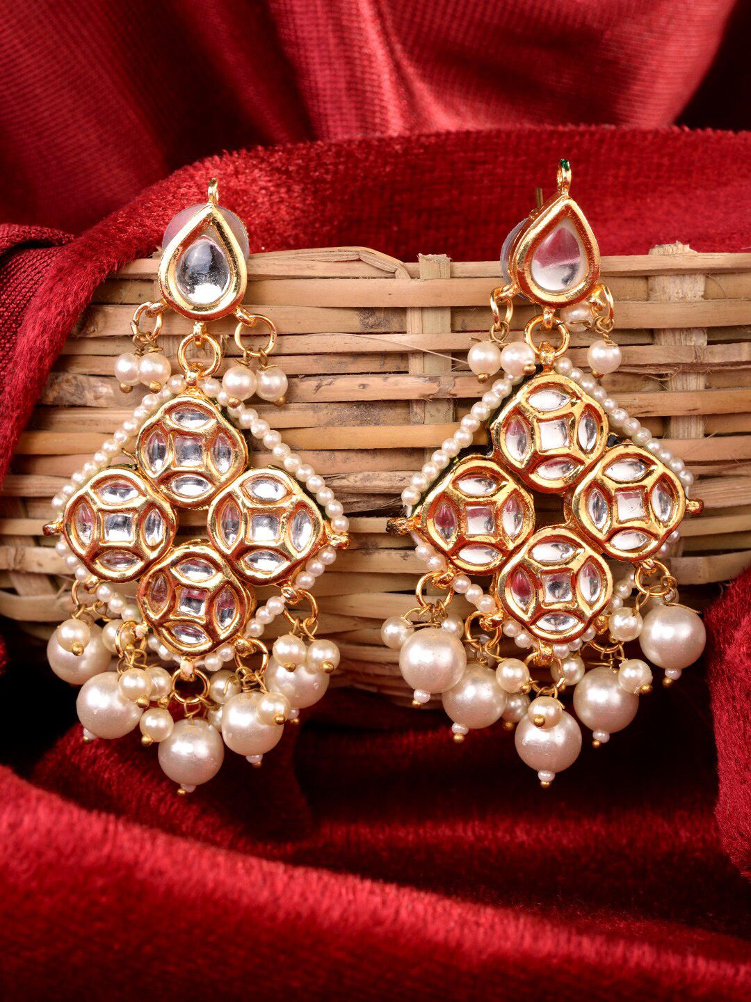 Saraf RS Jewellery Gold Plated Kundan Studded & Pearl Beaded Handcrafted Drop Earrings Price in India