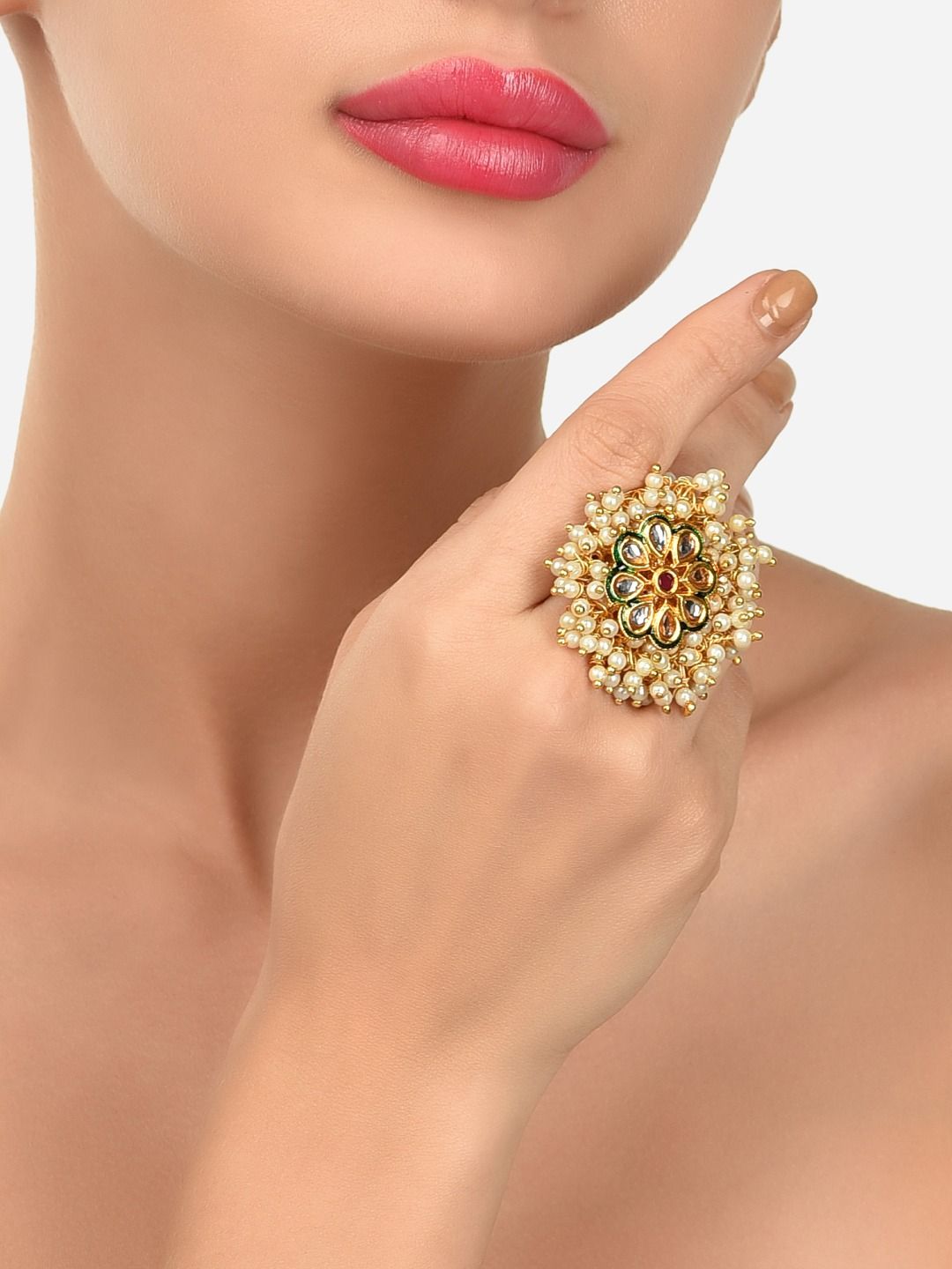 Zaveri Pearls Gold-Plated White & Green Kundan-Studded & Pearl Beaded Adjustable Finger Ring Price in India