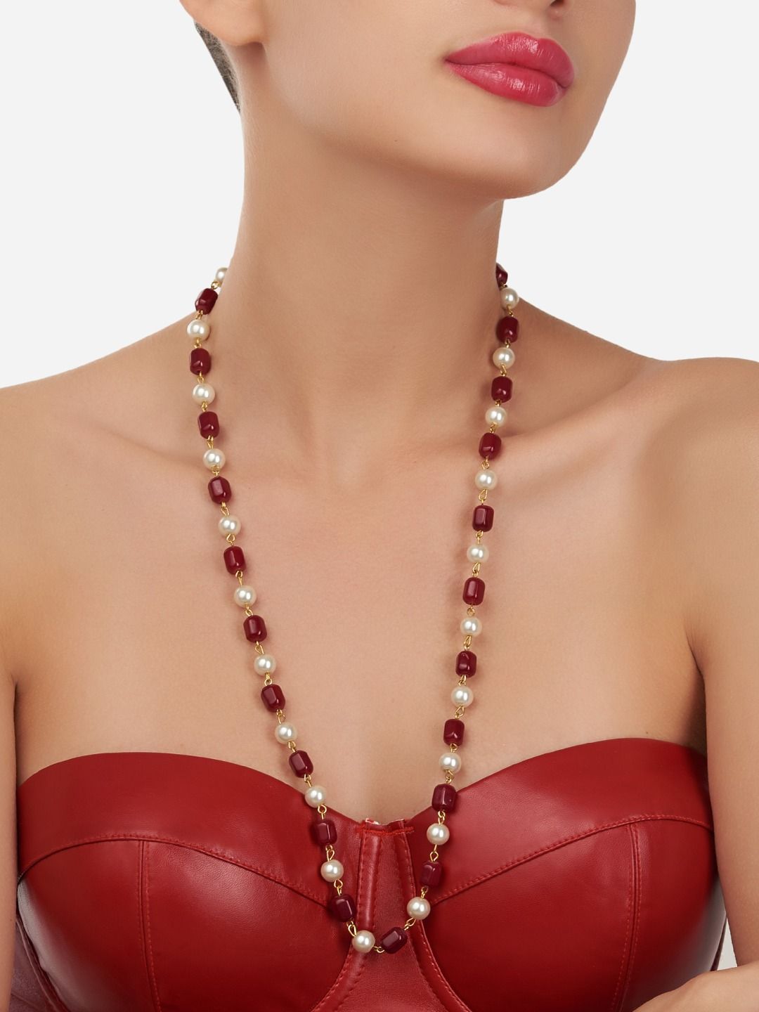 Zaveri Pearls Gold-Toned & Maroon Gold-Plated Beads Embellished Long Necklace Price in India