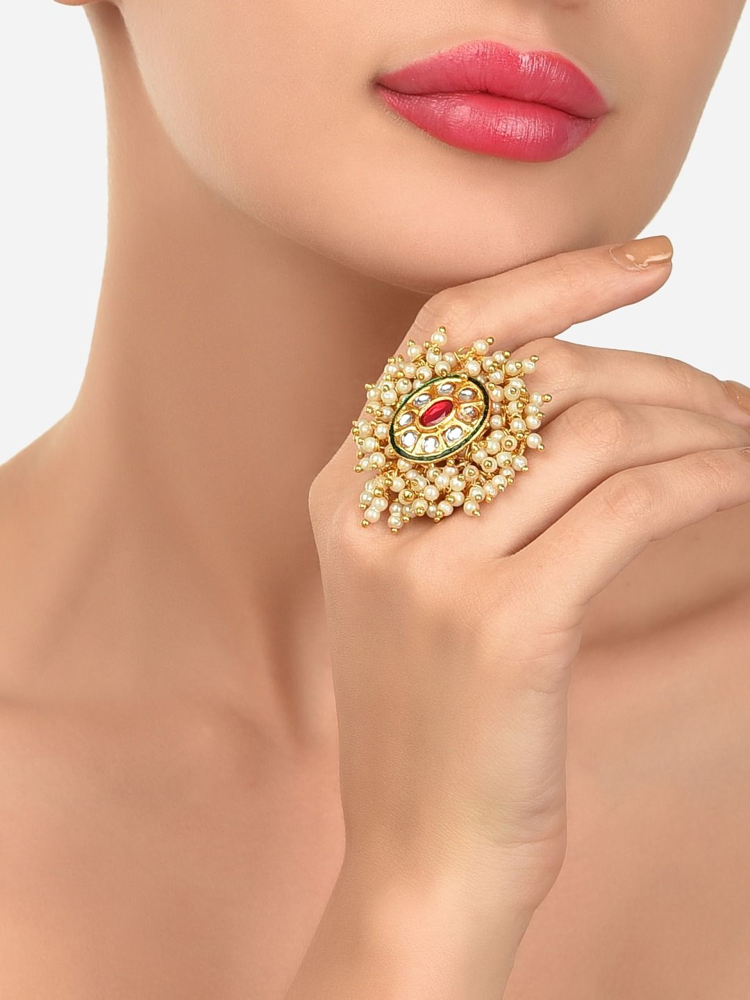 Zaveri Pearls Gold-Plated White & Red Kundan & Pearl Beadded Finger Ring Price in India