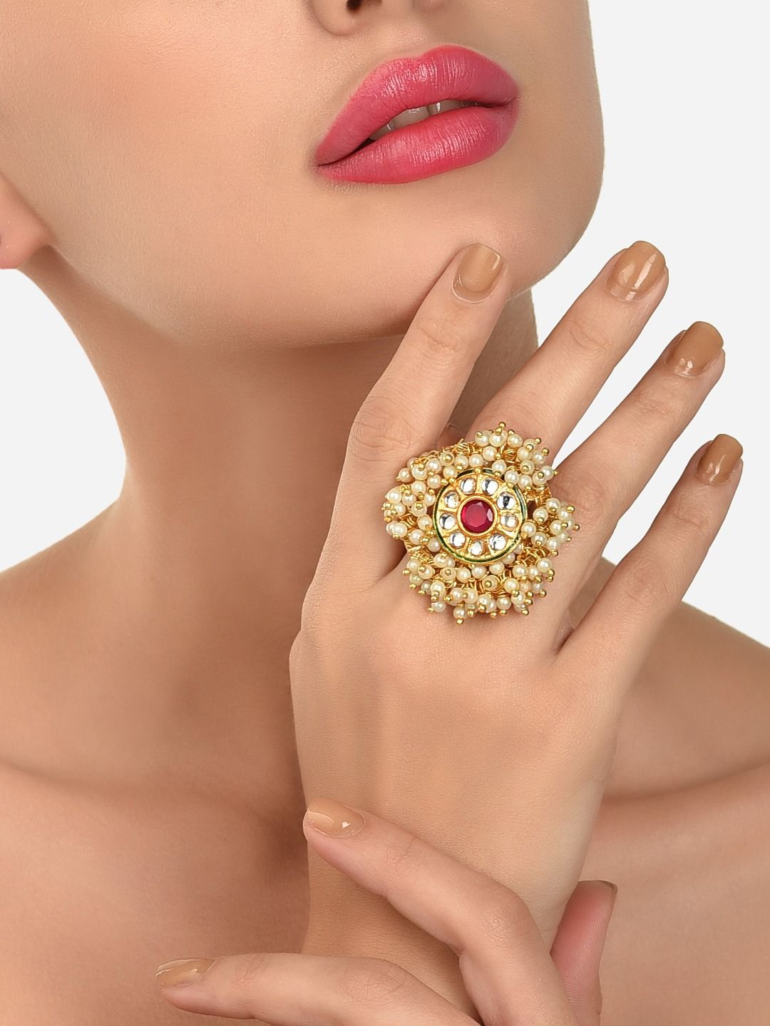 Zaveri Pearls Gold Tone Ethnic Cluster Pearls Kundan Finger Ring Price in India