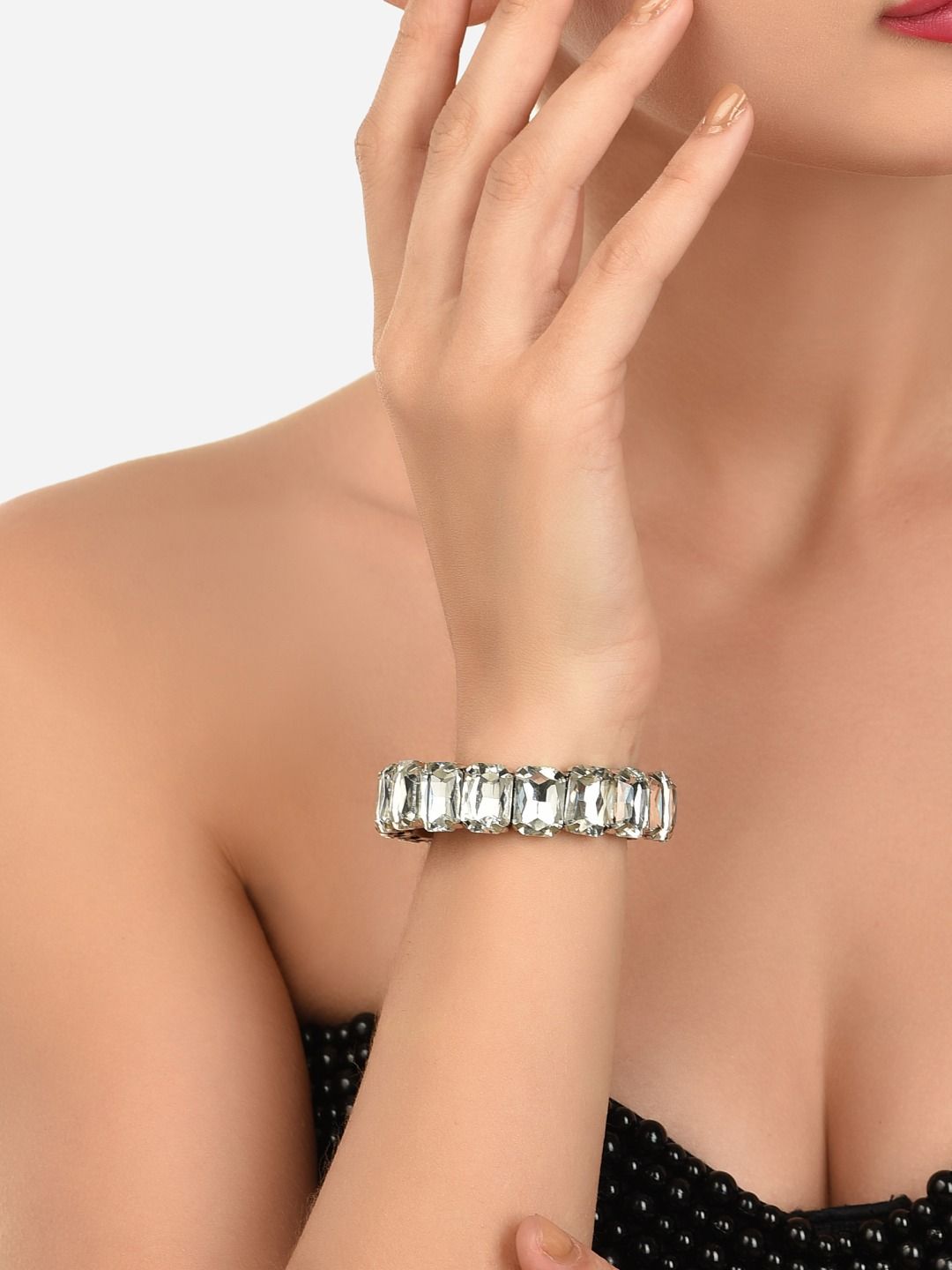 Zaveri Pearls Women Silver-Toned & White Silver-Plated Bangle-Style Bracelet Price in India