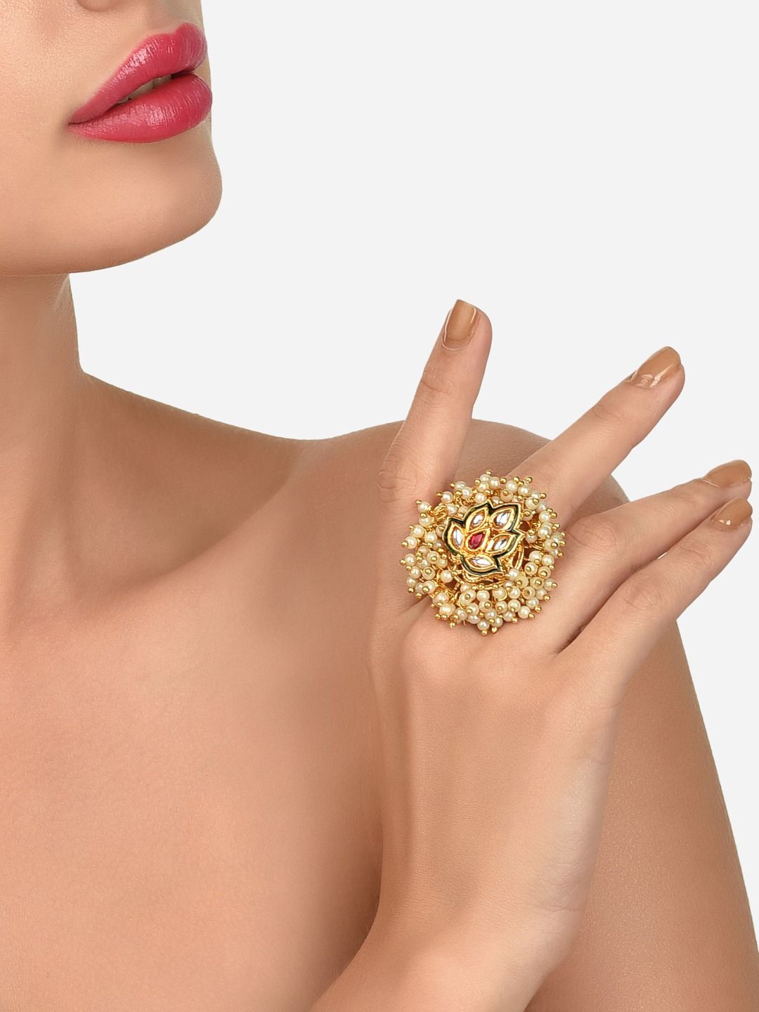 Zaveri Pearls Gold-Plated White & Red Kundan-Studded & Beaded Finger Ring Price in India