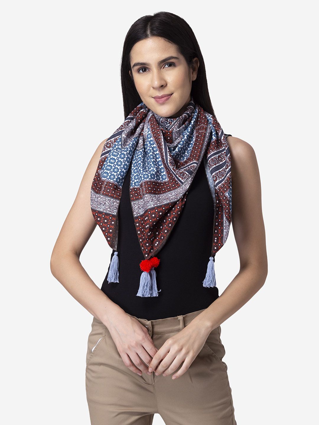 Modriba Women Brown & Blue Printed Scarf Price in India