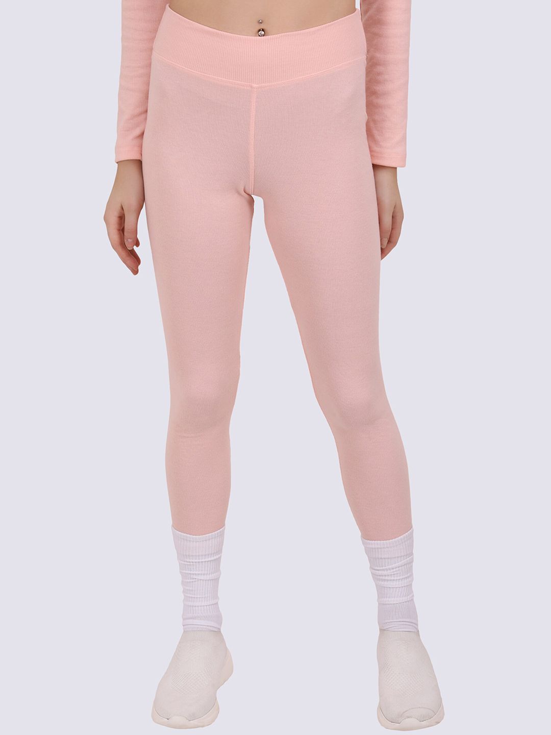 EVERDION Women Peach Ribbed High Waist Leggings Price in India