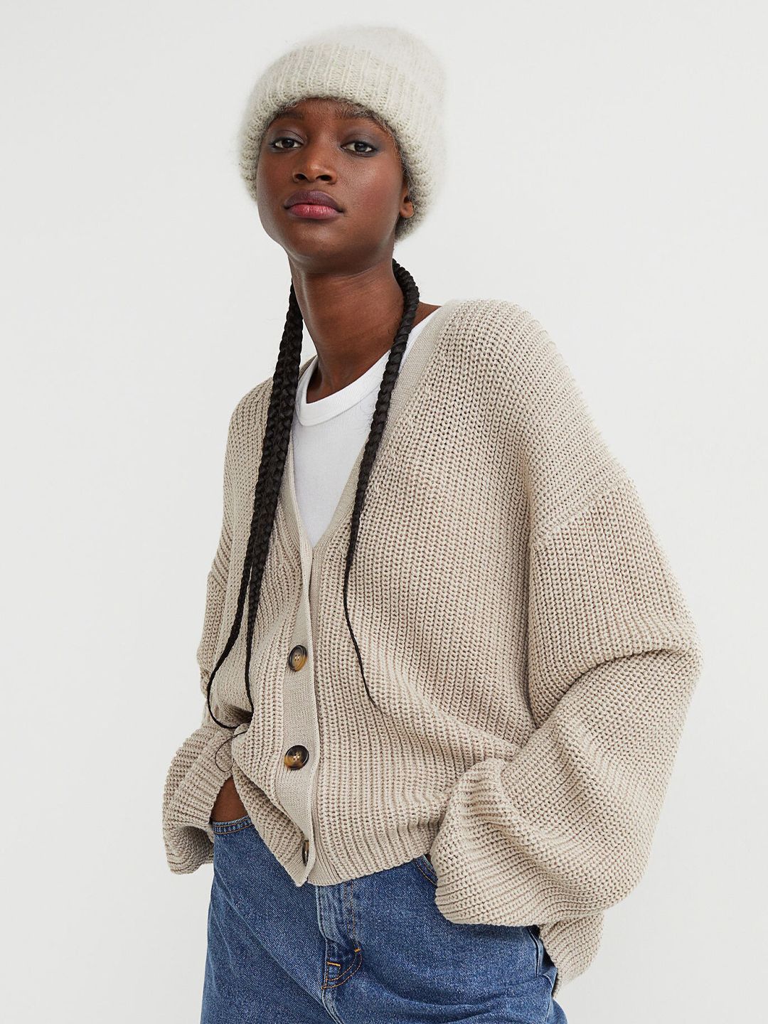 H&M Women Beige Solid Rib-Knit Cardigan Price in India