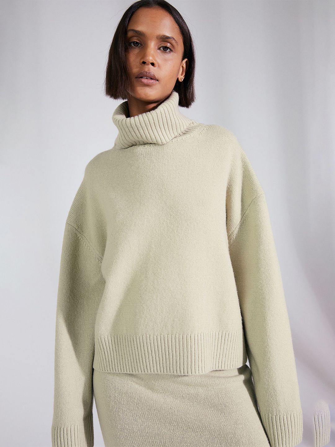 H&M Women Beige Oversized Polo-Neck Jumper Price in India